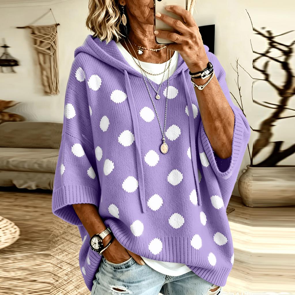 Women's Polka Dot Knit Hoodie Sweater with Drawstring Hood