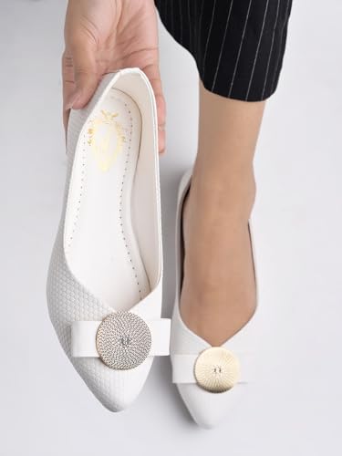 

Shoetopia Women S White Ballet Flats Textured Slip-On Bellies With Decorative Bow & Gold Button | Elegant Casual & Offi 5 UK