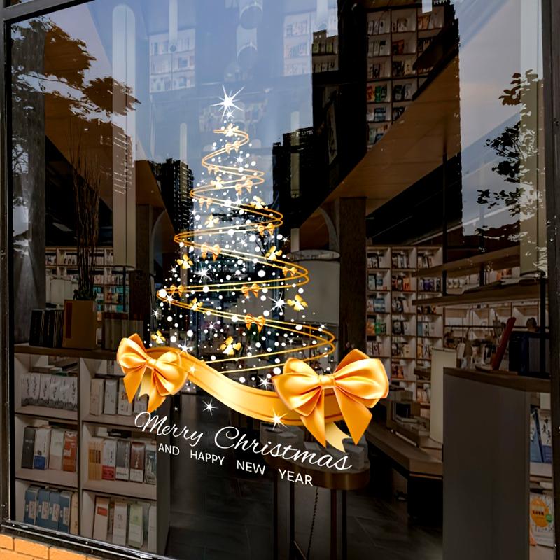 1ks Domácí okna Velká mašle Samolepka DIY PVC 40x55CM Vánoční stromek Vánoční okenní nálepka Zlatý vánoční stromek