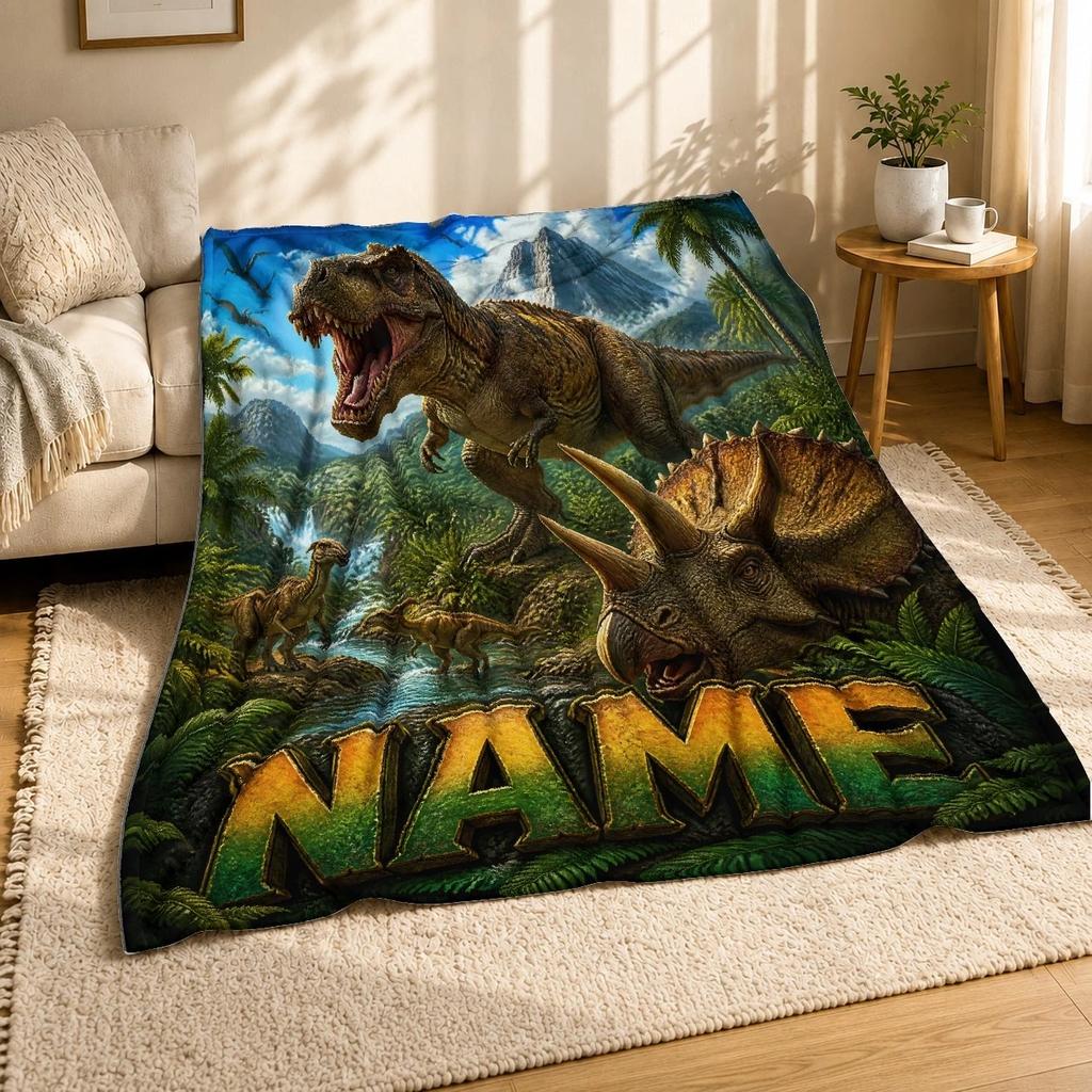 Roaring T Rex Jungle Name Coral Fleece Blanket Dinosaur Decor