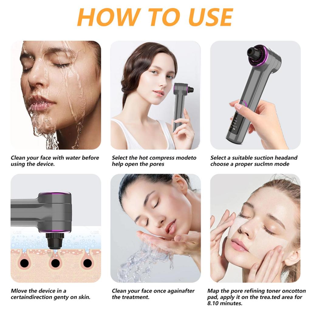 Heated Pore Vacuum Blackhead Remover 3 Suction LED Display USB Rechargeable Facial Tool Kit