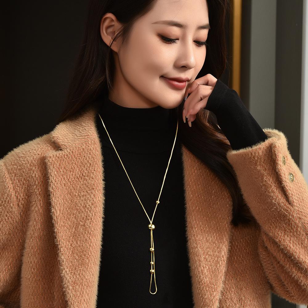 Titanium Steel Pull Round Bead Long Necklace Women'S Autumn And Winter High Sense Fashion Versatile Clothes Accessories