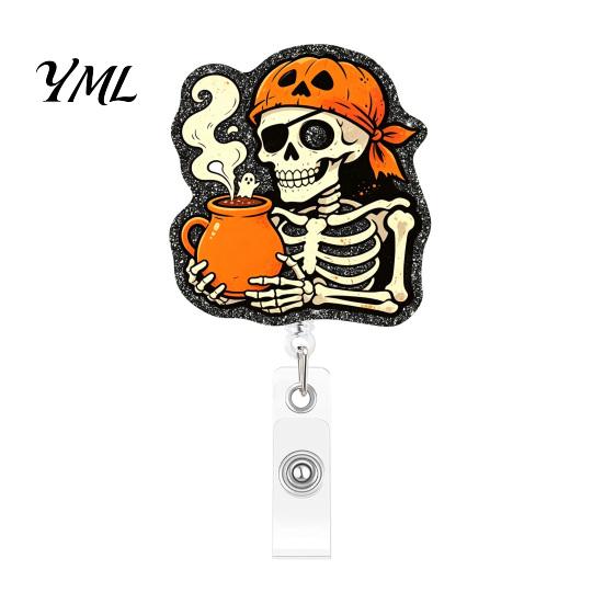 Retractable Badge Holder Halloween Reel, Skeleton And Pumpkin Design, Acrylic ID Card Teacher Id Reel with Sturdy Metal Clip for Nurses Office