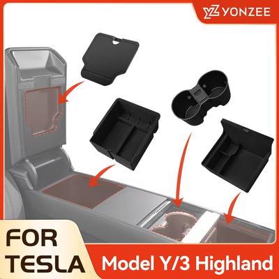For Tesla Model 3 Highland 2025 Model Y 2021-2025 Center Armrest Hidden Storage Box Cup Holder Console Organizer Box Accessories