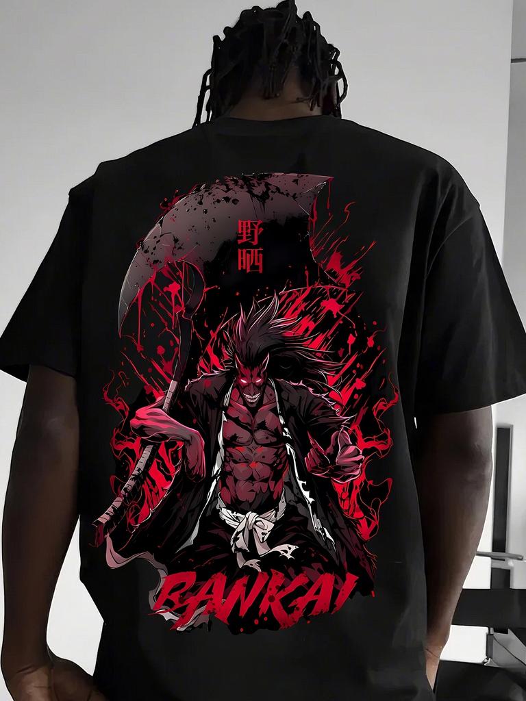 BLEACH Kenpachi T-Shirt Anime Muster Rot haariger Bankai Zangetsu Nozarashi Kanji Aufdruck Blut Straßenkleid Unisex