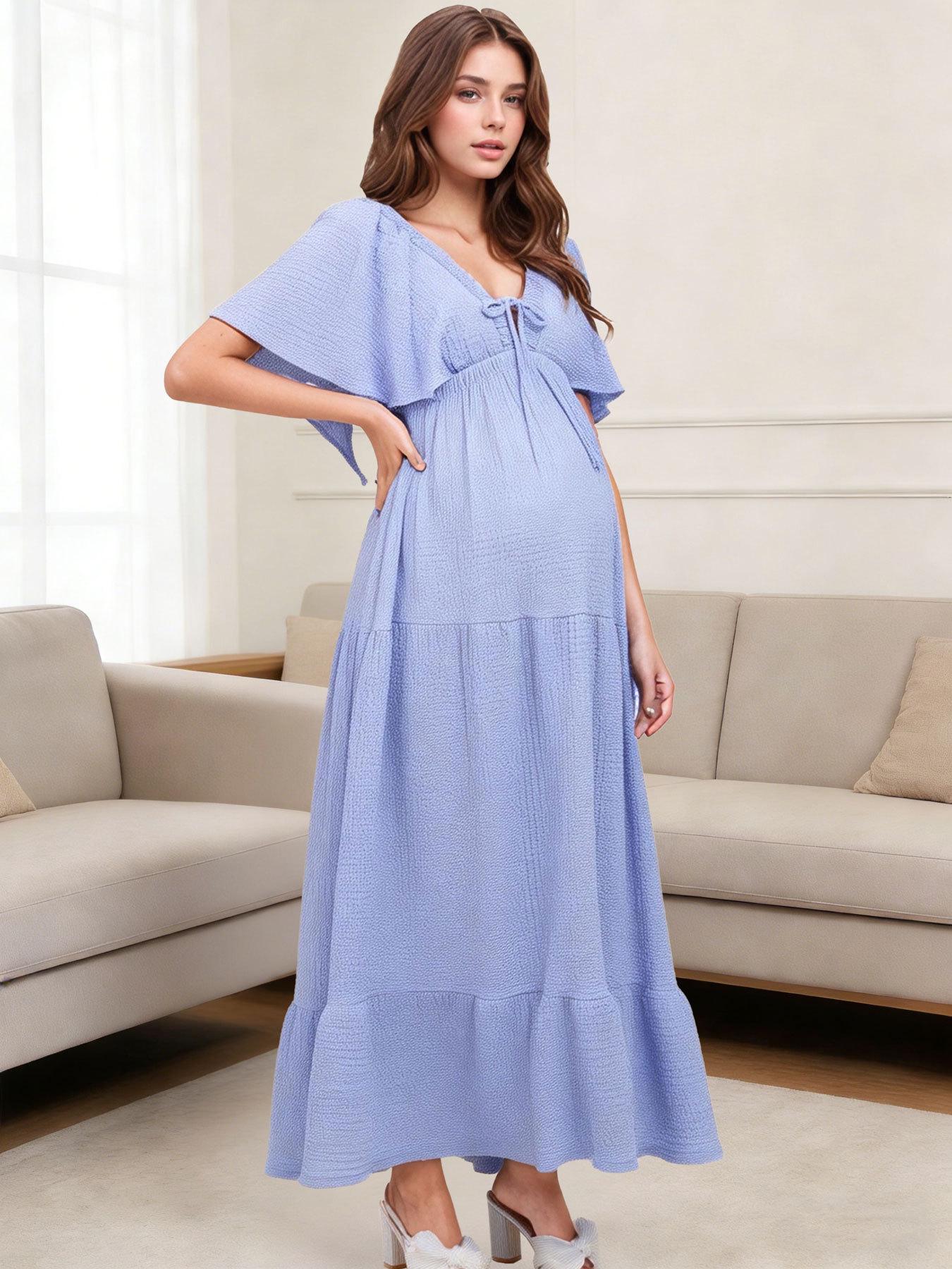 

In-Stock Ladies V-Neck Flutter Sleeve Open-Back Multi-Layered Hem Long Dress - Elegant, Comfortable Everyday Wear. Small небесно-голубой