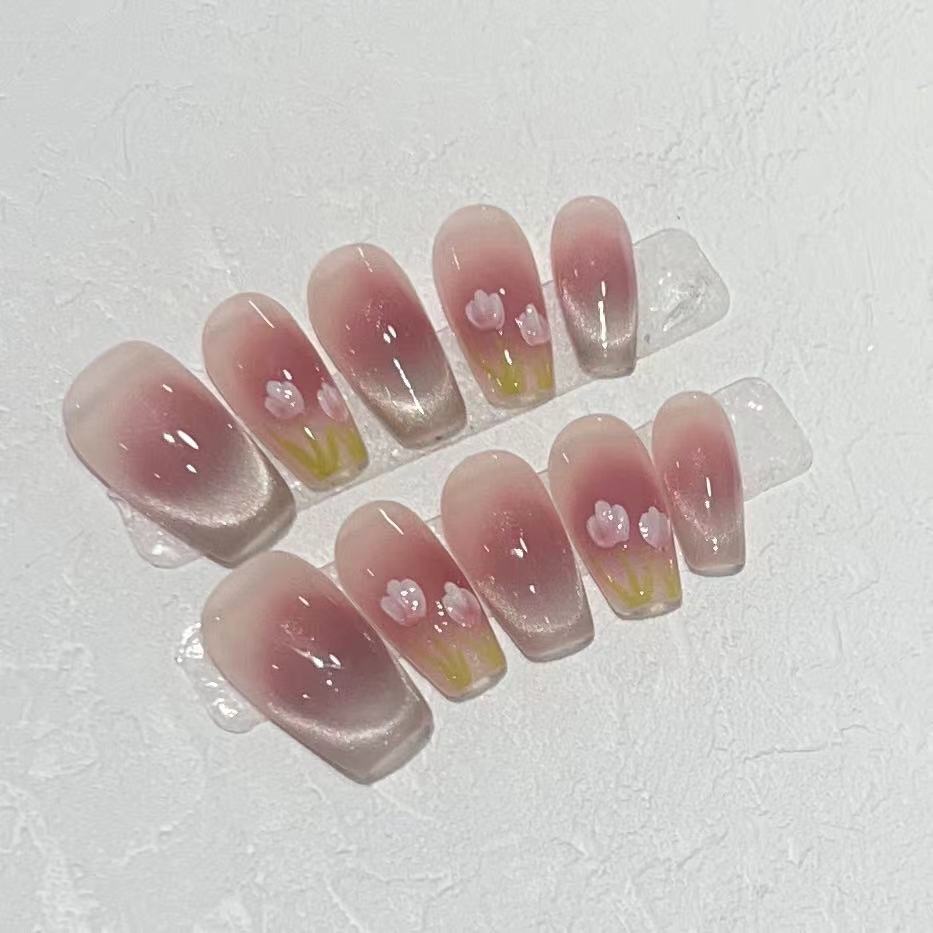 Wearing Argent Summer Fresh Cat Eye French Blush Tulip Wearable Manicure Removable Nail Plate