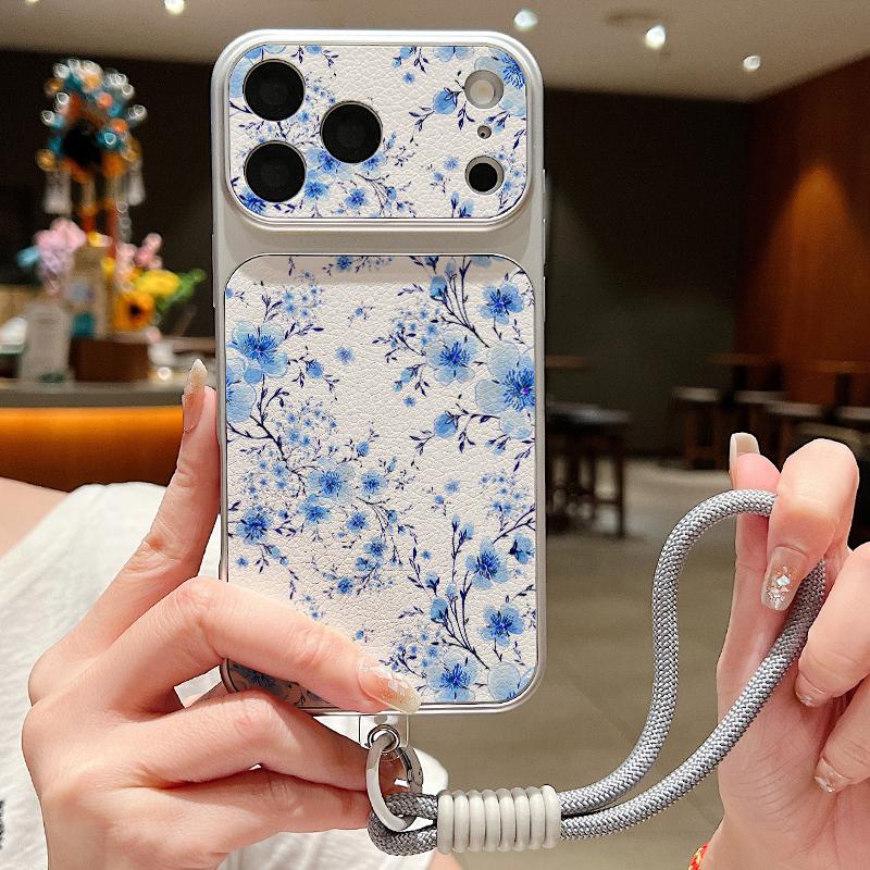 INS Floral Pattern Leather Lanyard Case For iPhone 18 Pro Max Hybrid TPU+PU Anti-skid Soft Cover For iPhone 17 16 15 14 13 Pro Max