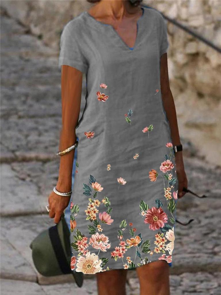 Floral Print Cotton Linen V-Neck Midi Dress, Short-Sleeved, 2023 Trend