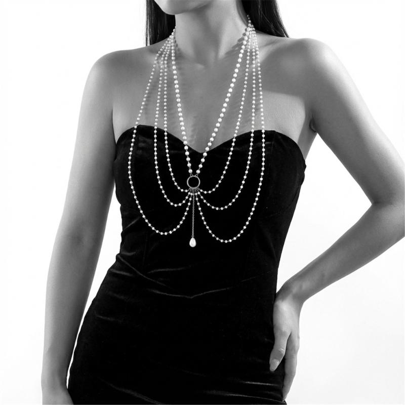 Vintage Style Layering Pearls Fringe Necklace with Geometric Accents Sturdy Electroplated Finish Chain for Parties Event