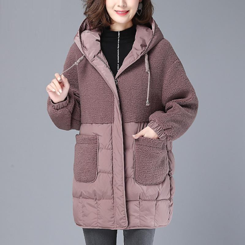 Cappotto invernale da donna alla moda, spesso e caldo, in cotone, con cappuccio, termico, di media lunghezza, in lana d'agnello