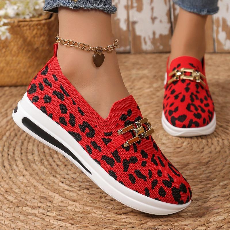 Nové kovové řetízkové klínkové podpatky silná podrážka jeden pedál prodyšné leopardí síťované nadměrné velikosti ležérní dámské boty