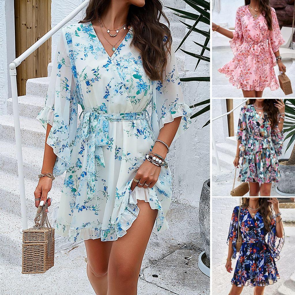 Summer Women Floral Print Dress V-neck Dress Flying Sleeve Casual Street Elegant Style Dress Women Dress