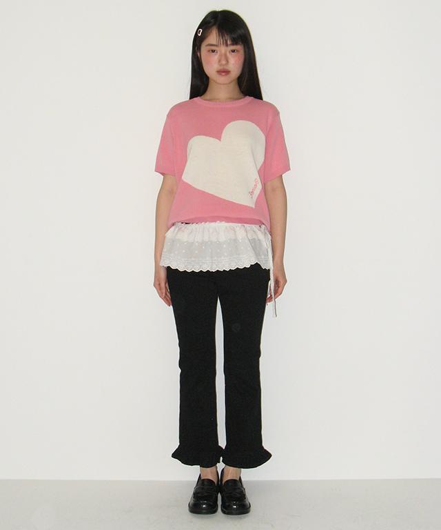 RONRON Big Heart Short Sleeve Knit Soft Pink