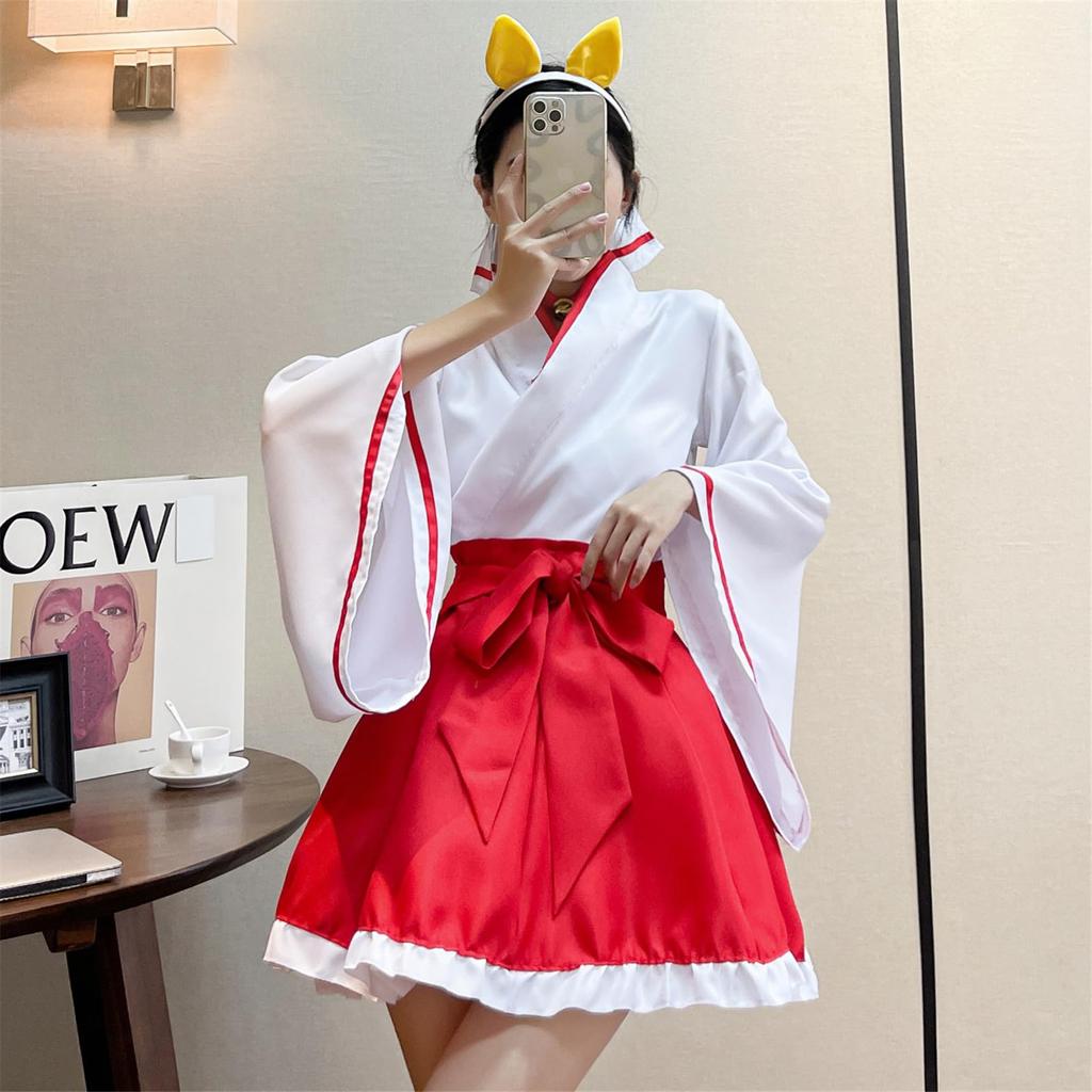 LanBuff Dream Maiden Costume with Loose Japanese Perfect for Shrine Maiden School White and Red Size Bow, Women's, Fit, Cute, Style, Halloween,