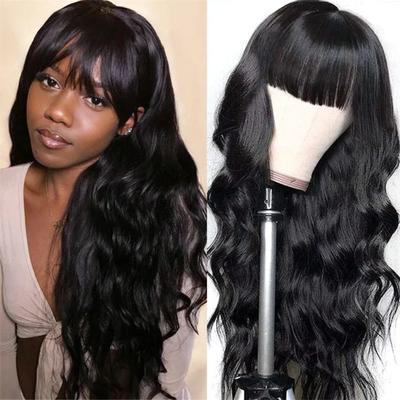 Natural Black Long Body Wave Synthetic Women Wigs with Bangs Daily Cosplay Afro Brazilian Women Hair Wig Heat Resistant