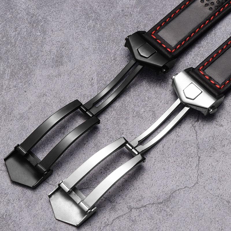 19mm 20mm 22mm genuine leather watch strap for tag heuer Carrera Monaco F1 watch band black red men's folding buckle bracelet