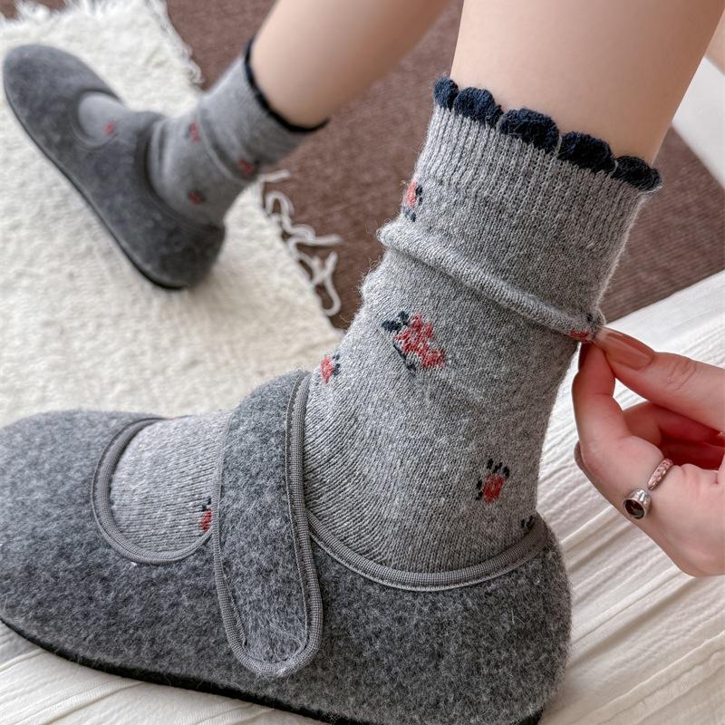Floral Wool Socks - Children's Autumn and Winter Woolen Textured Mid-length Socks with Added Thickness for Warmth. Trendy Pile Socks for Winter.