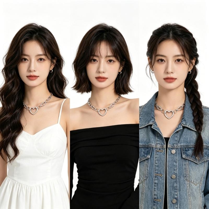 Open Heart Pendant Necklace for Women, Silver Tone Link Chain Jewelry with Adjustable 31-40 Cm Length for Daily Outfits and Gift Use