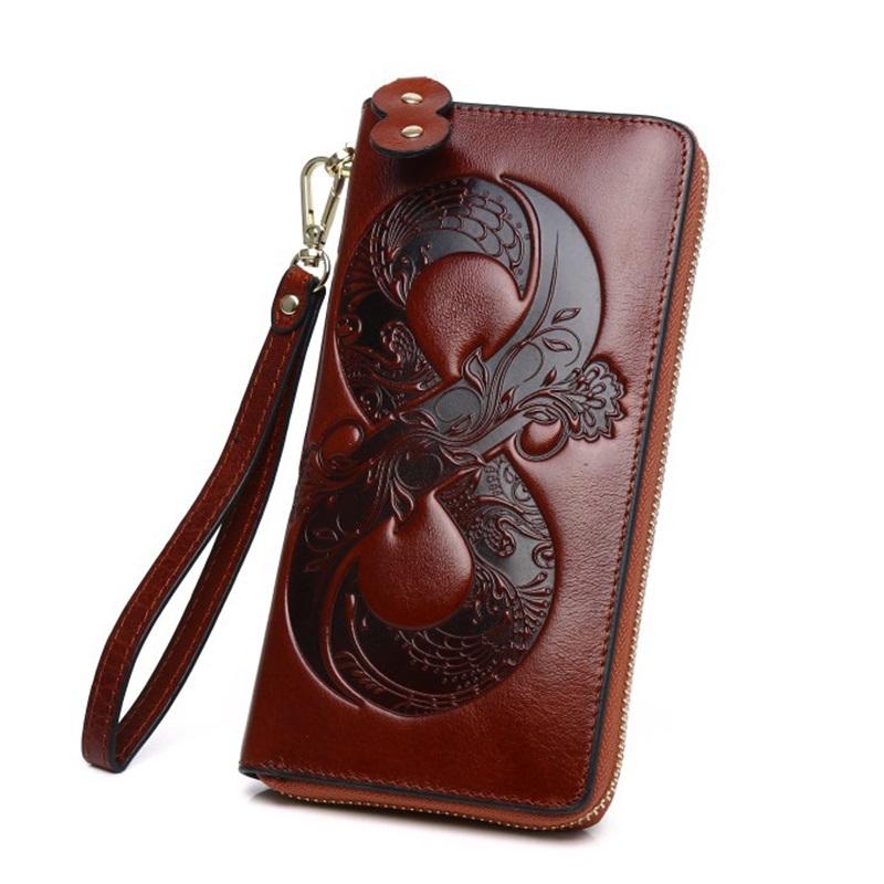 Vintage Genuine Leather Woman Wallet Floral Real Cow Leather Purse Ladies First Layer Cowhide Clutch Bag
