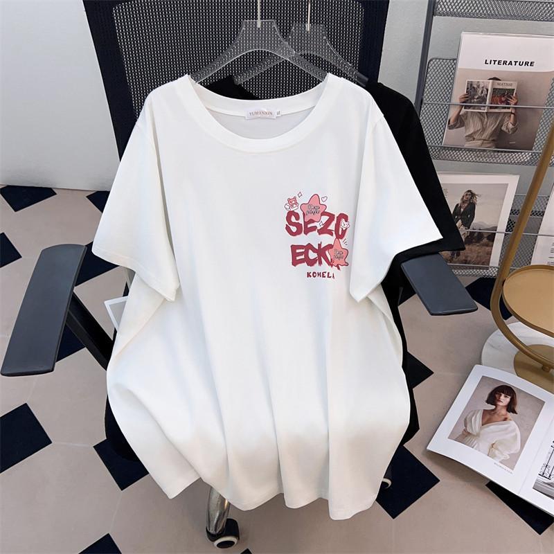 

Plus Size Loose Fit Mid-Length Short-Sleeve T-Shirt for Women (200/300/350 Jin), Round Neck, Slimming Design 4XL белый