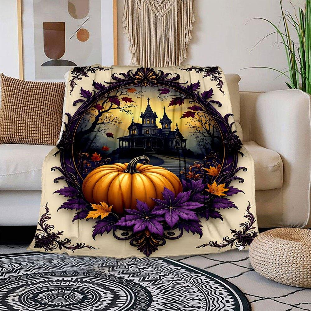 Halloween Haunted House with Pumpkin and LeavesBlanket Flannel Throw Blanket for Sofa, Bed, Travel, Camping, Office, Couch, Chair