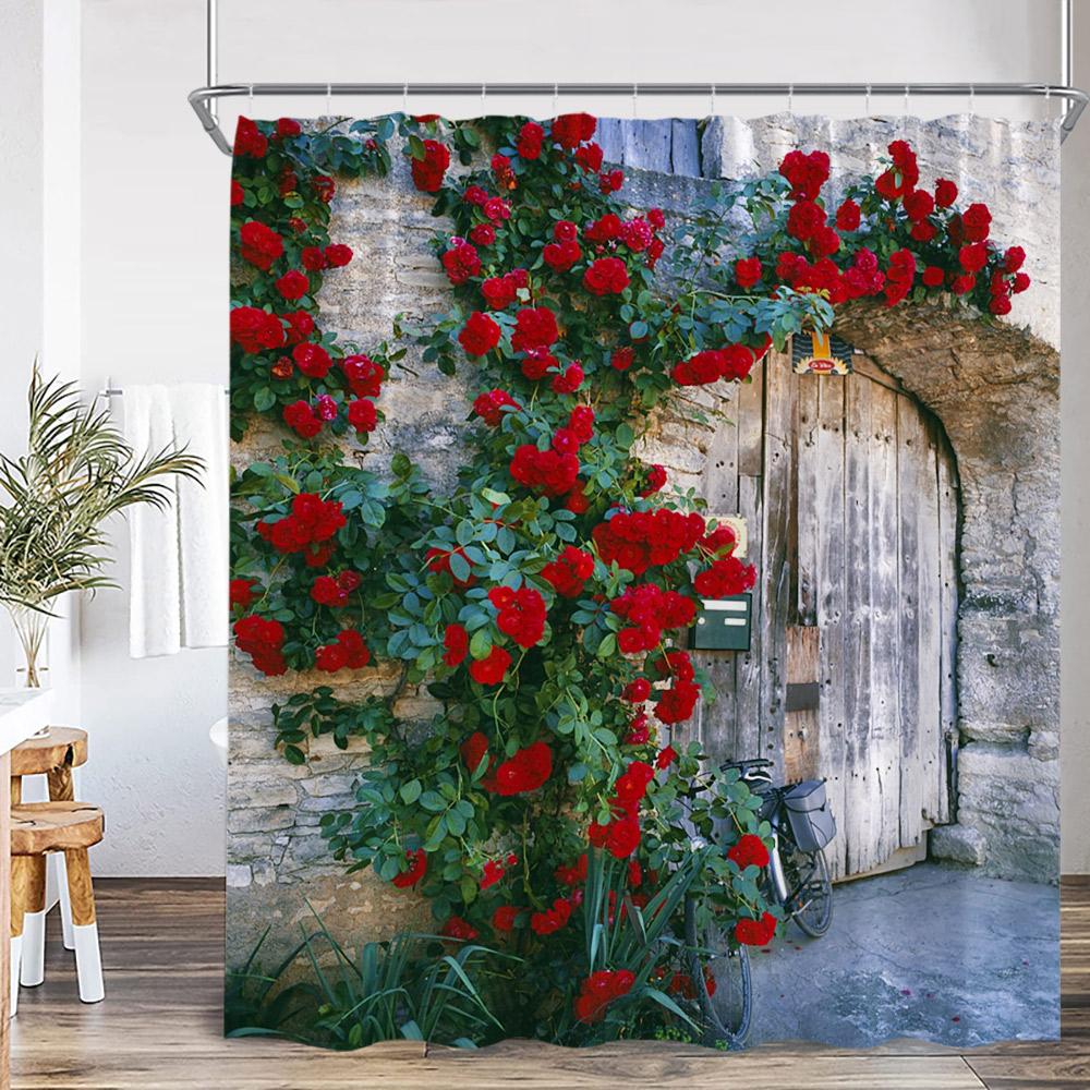 Green Vines Brick Wall Shower Curtain Pink Flowers European Garden Arch Door Bathroom Decorations Vintage Bath Curtain with Hook