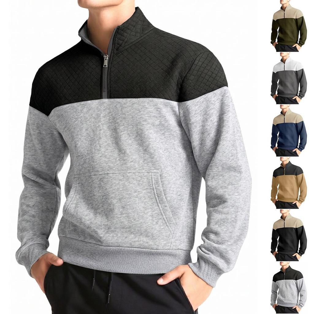 Men Color Block Quarter Zip Sweatshirt Mock Neck Pullover with Kangaroo Pocket Ribbed Cuffs Hem Long Sleeve Spring Fall Casual Streetwear Top