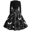 Women's Casual Vintage V Neck Dress with Halloween Print Long Sleeve Fit and Flare Knee Length Dress with Waist Tie Belt
