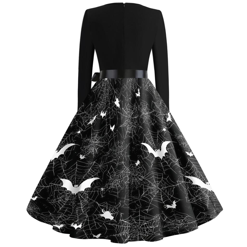Women's Casual Vintage V Neck Dress with Halloween Print Long Sleeve Fit and Flare Knee Length Dress with Waist Tie Belt