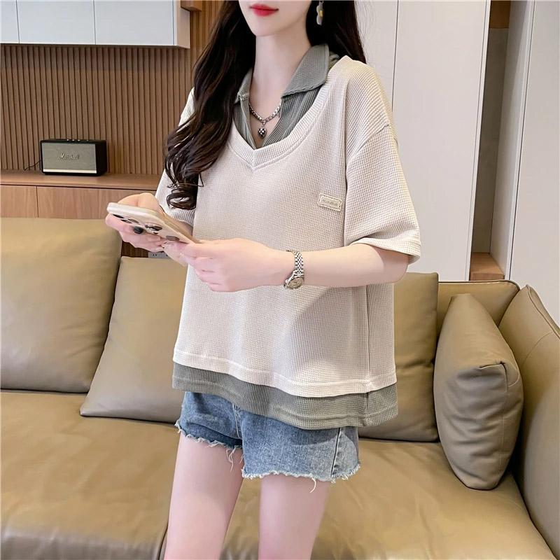 

Женская летняя рубашка оверсайз из хлопка, свободная, повседневная, пуловер, мягкий свободный топ-рубашка, имитация двух предметов XXL белый