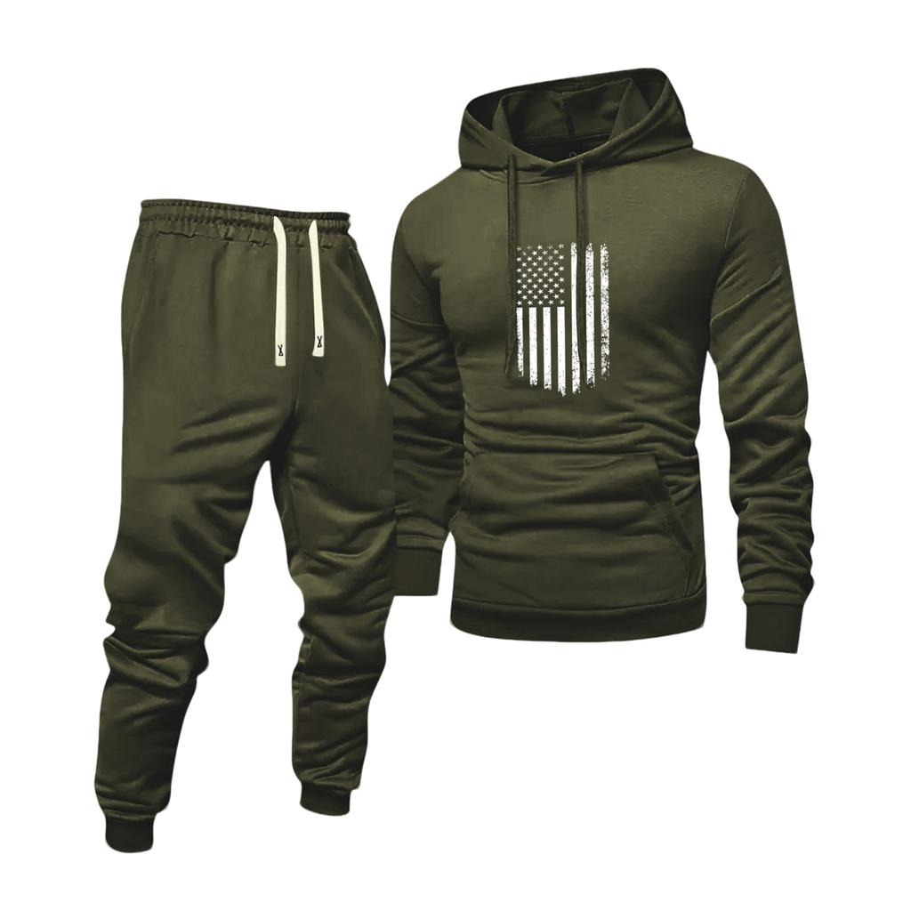 Men's Solid Color Flag Print Hooded Universal Versatile Hooded Sweatshirt Sweatpants Casual Sports Suit