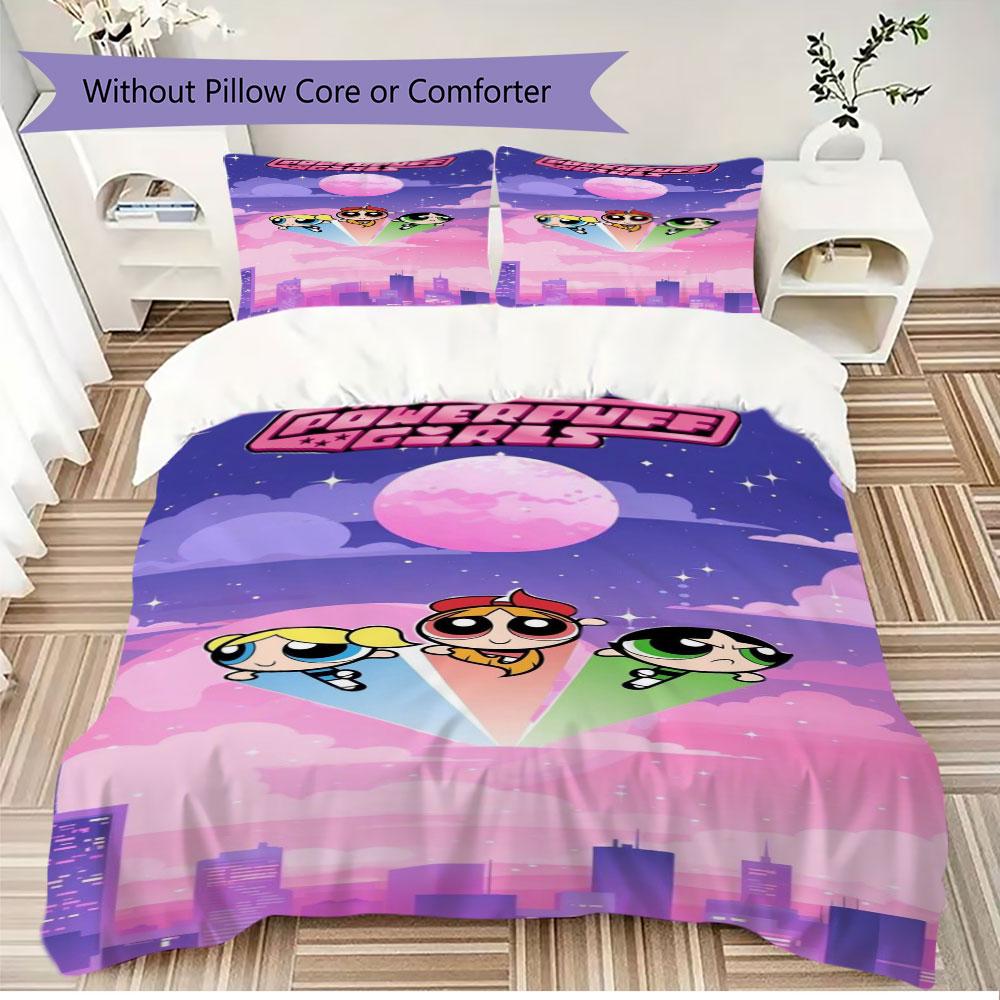 Cartoon Powerpuff Girls print children's duvet cover set, soft and skin-friendly, available in multiple sizes, bedroom bedding.