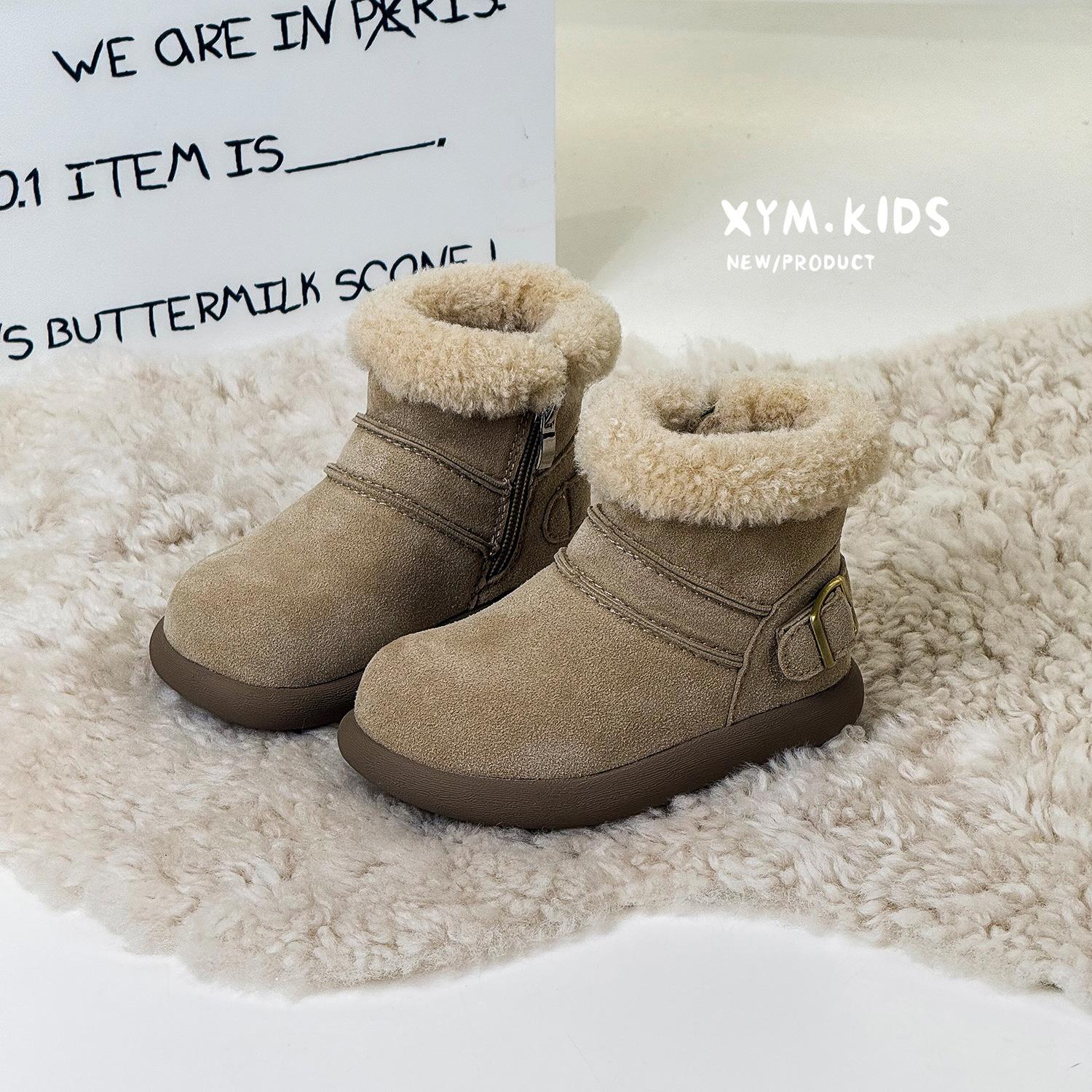 

Зима 2025 новые детские ботинки модная пряжка ремня теплые кожаные хлопковые ботинки овечья шерсть ботинки для девочек 22-25 yards 4 pairs of minimum approval абрикосовый