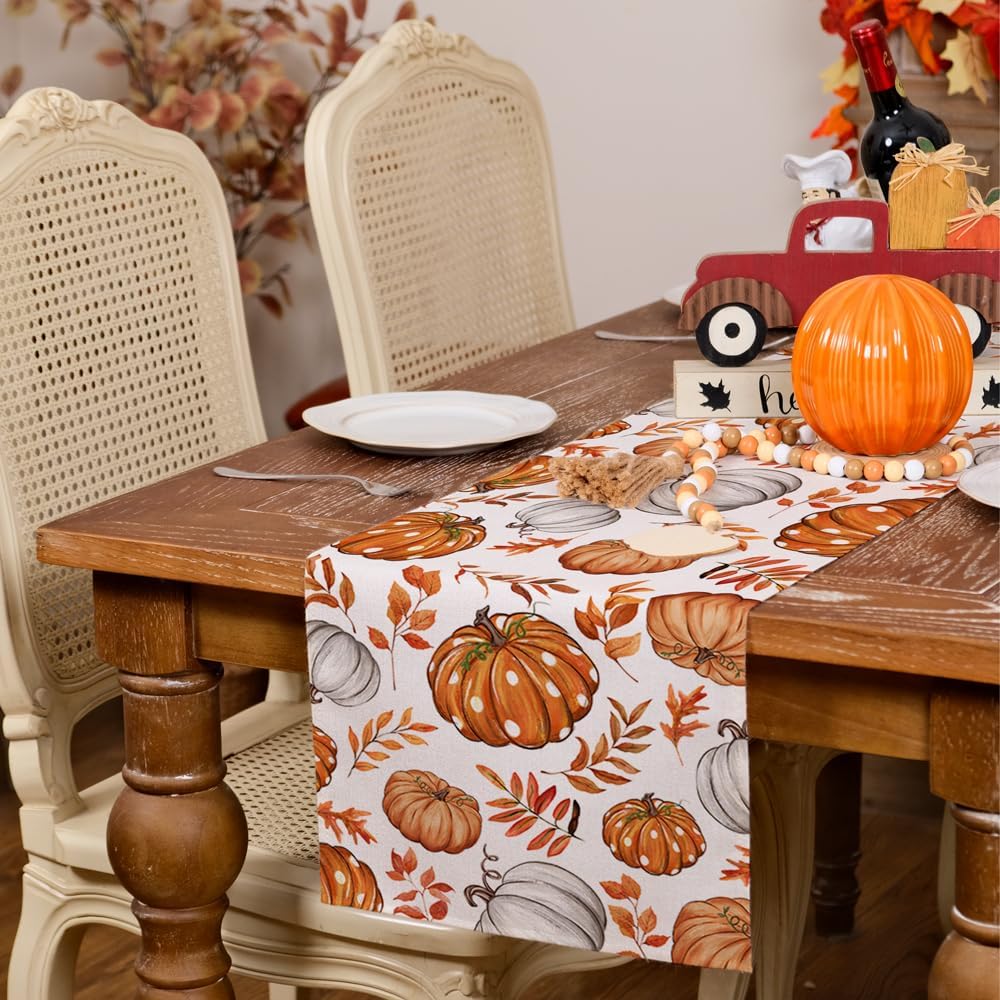 Fall Linen Table Runner Pumpkin Maple Leaves Orange Autumn Seasonal Farmhouse Indoor Kitchen Home Table Party Decorations