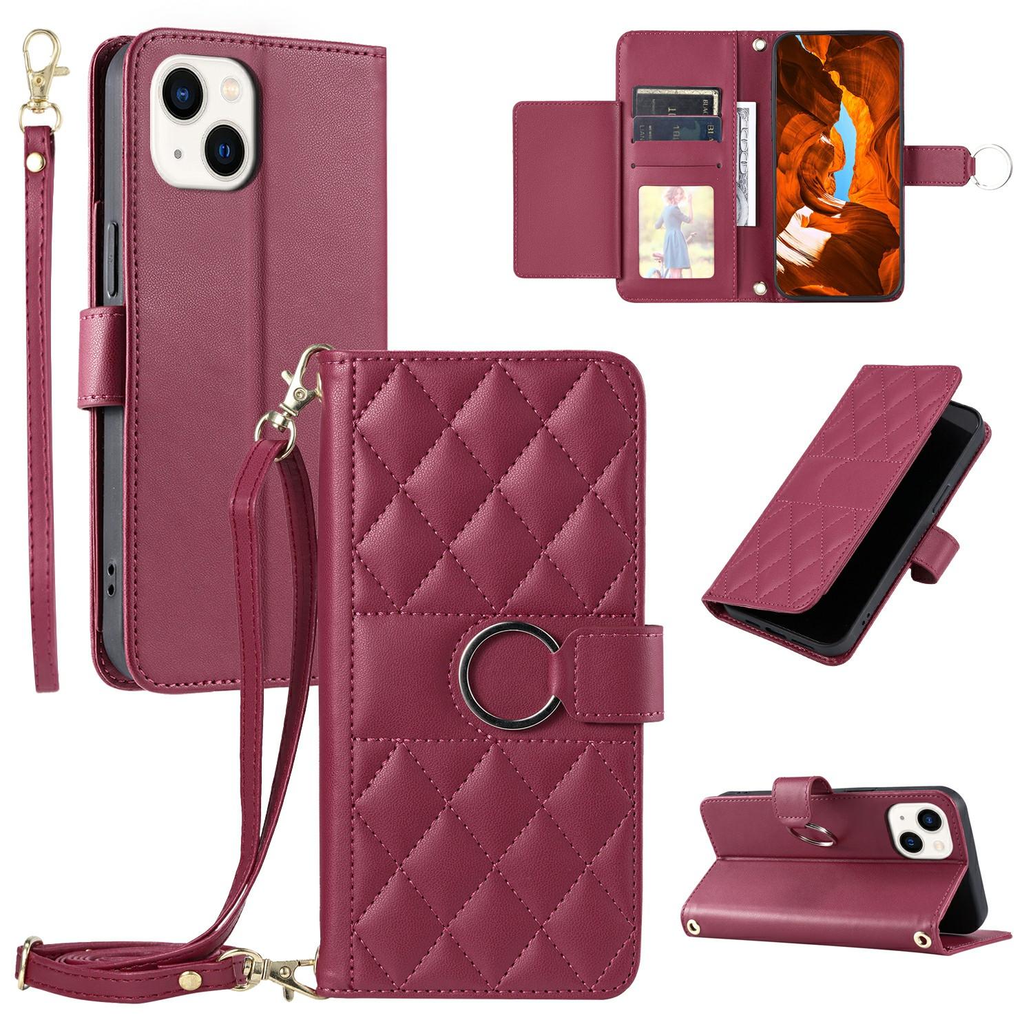 

For iPhone 15 Plus Crossbody Leather Case Ring Buckle Wallet Stand Rhombus Mobile Cover A