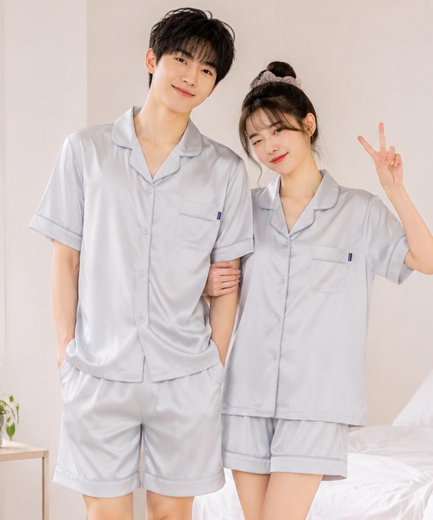 PALAN Clear Silk Couple Short-Sleeve Pajamas Cool Summer Pajama Top And Bottom Set
