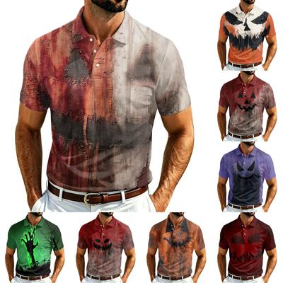 Men's Halloween Print Polo Shirt Lightweight Mesh Breathable Short Sleeve Top with Collar Button Down Front for Casual Wear