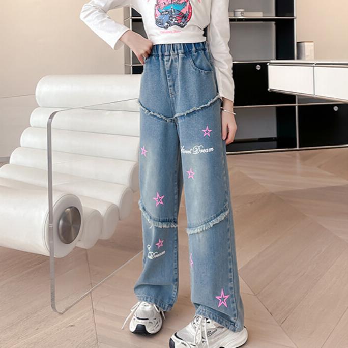 Girls' Jeans Spring and Autumn Fashion Women's Straight Leg Loose Wide Leg Pants Long Pants Loose Printed Pants