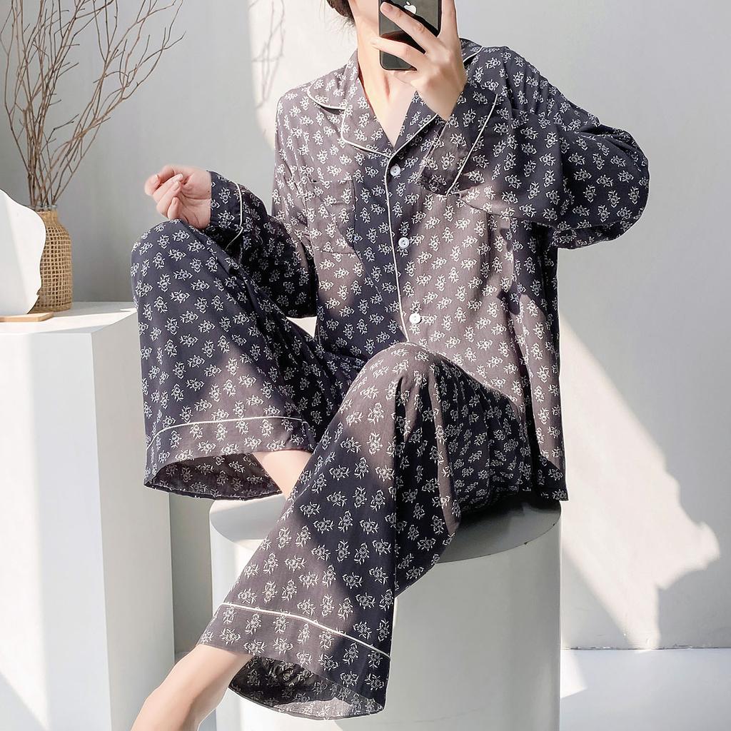 Leopard print lapel pajamas women's spring and summer long-sleeved cardigan homewear autumn cool cotton and silk suit can be worn outside large size