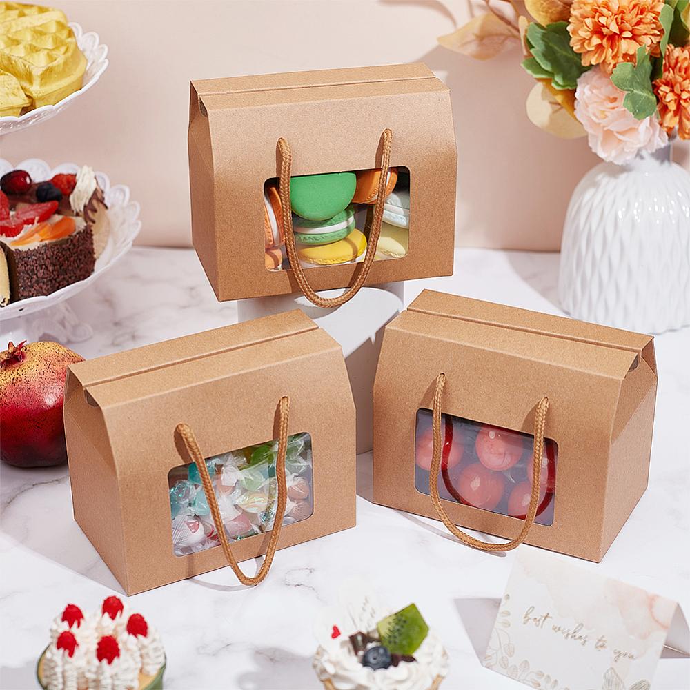 20pcs Cardboard Gift Handle Boxes with Polyester Ropes Plastic Visible Window Case Rectangle BurlyWood 15x9x12cm