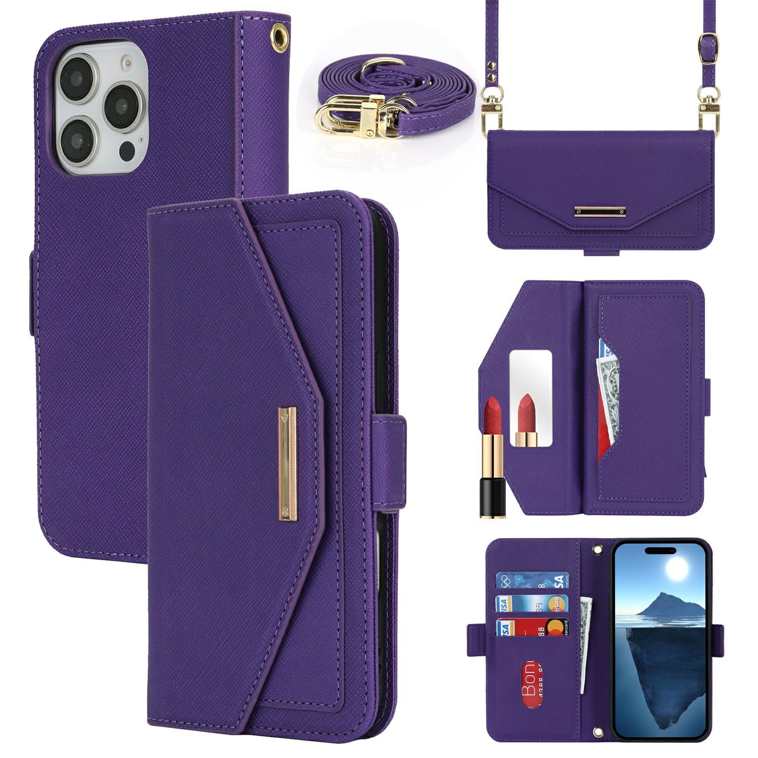 

For iPhone 16 Pro Stand Case Cross Texture PU Leather Wallet Phone Cover with Shoulder Strap/Makeup Mirror D