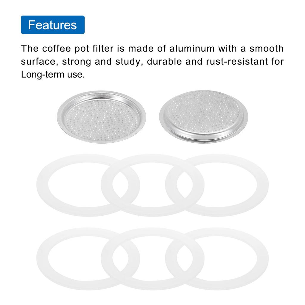 uxcell Aluminum Coffee Pot Accessory for Stainless Steel Espresso Maker, Includes 1 Filter and 6 Silicone Gasket Seals, 56x49x4mm, 3-Cup Moka Coffee