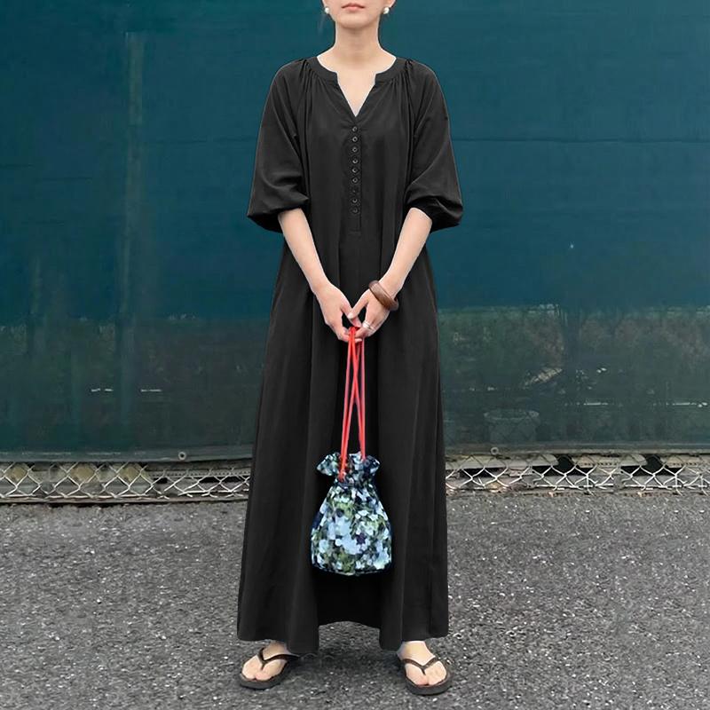 ZANZEA Women Casual V-Neck Loose Half Sleeve Long Dress