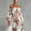 European & American 2026 Fashion Print One-Shoulder Lantern Sleeve Elegant Dress