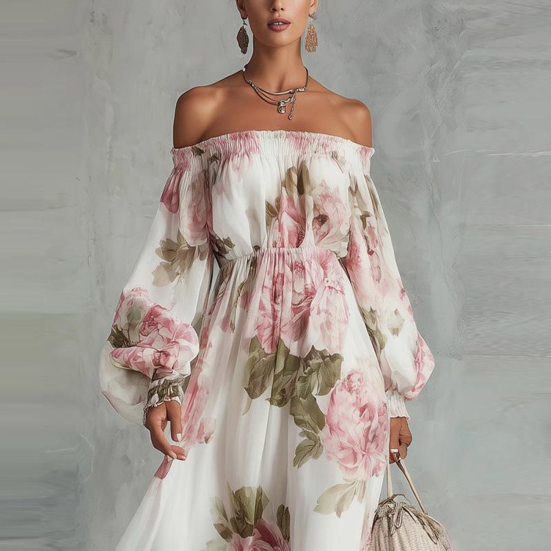European & American 2026 Fashion Print One-Shoulder Lantern Sleeve Elegant Dress