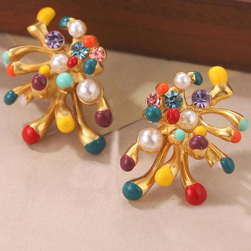 

Exquisite Fireworks Modeling Stud Earrings Sparkling Colorful Rhinestone Oil Drop Earring Women Elegant Everyday Party Jewelry золотистый