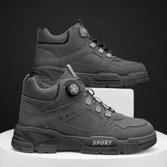 New Men's Hiking Boots with Fashionable Retro Rotating Buttons, High Cut Thick Soled Sports Shoes, Outdoor Travel Casual Shoes