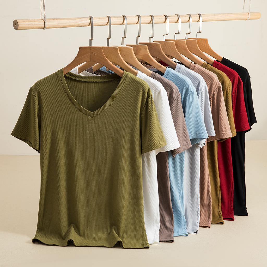 Rib Cotton V Neck T-shirt Short Sleeves Summer Women's Casual T-shirts Loose Tee Tops Solid Color Basic TShirt Tees