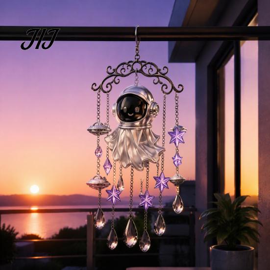 Spooky Home Decor Halloween Ghost Wind Chime Decoration, Vintage Sun Catcher with Faux Crystal Window Hanging Decoration Drops Tassels, Acrylic